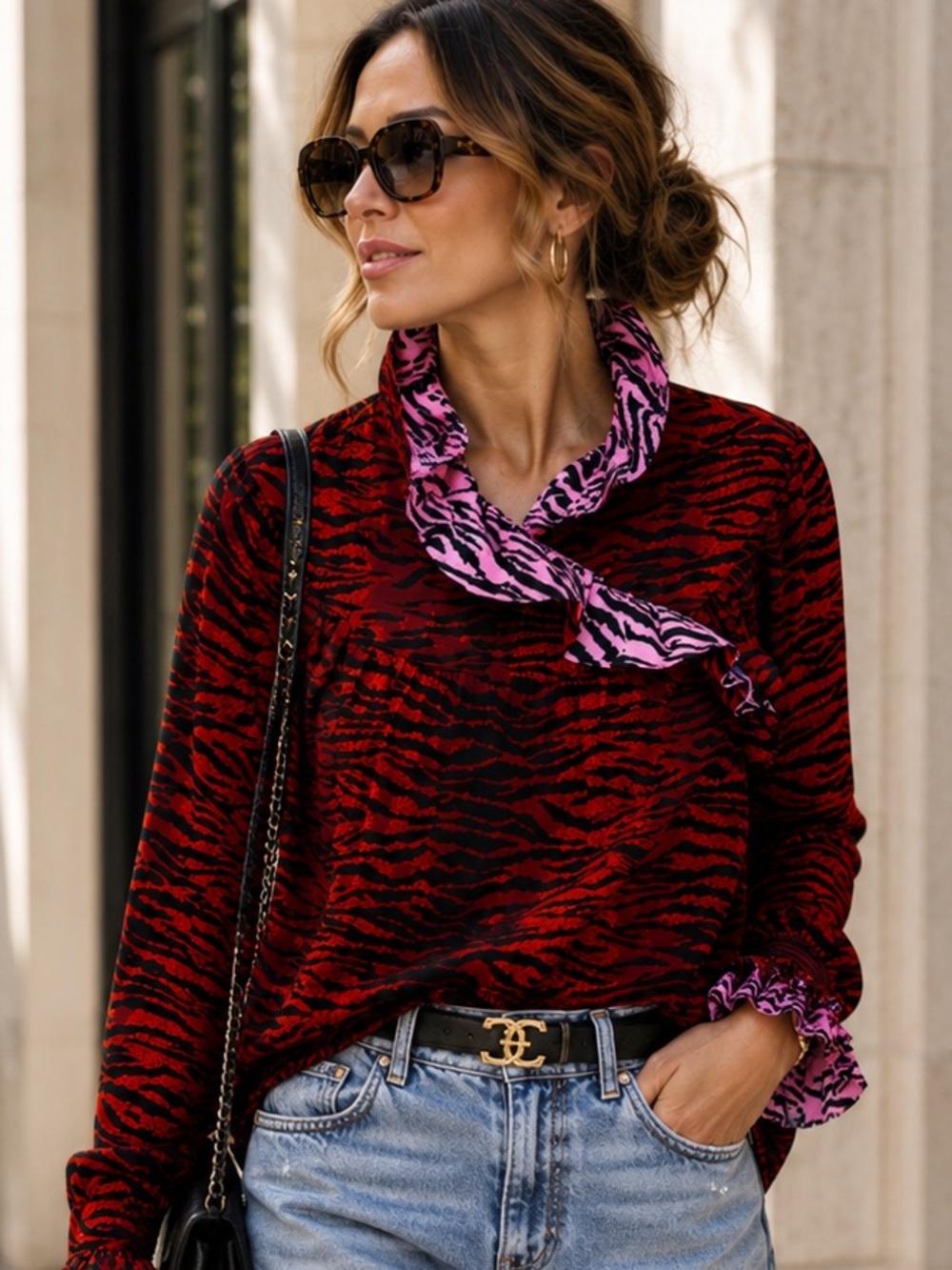 KENZO x H&M Silk Animal Print Ruffle Blouse Red Pink Tiger Zebra 2 Rare